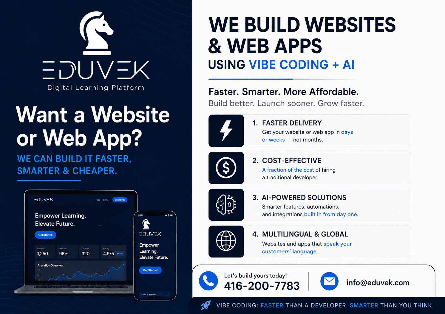 Eduvek Web App and Website Development services flyer — four reasons to build with Vibe Coding and AI: faster, cost-effective, AI-powered, and multilingual.